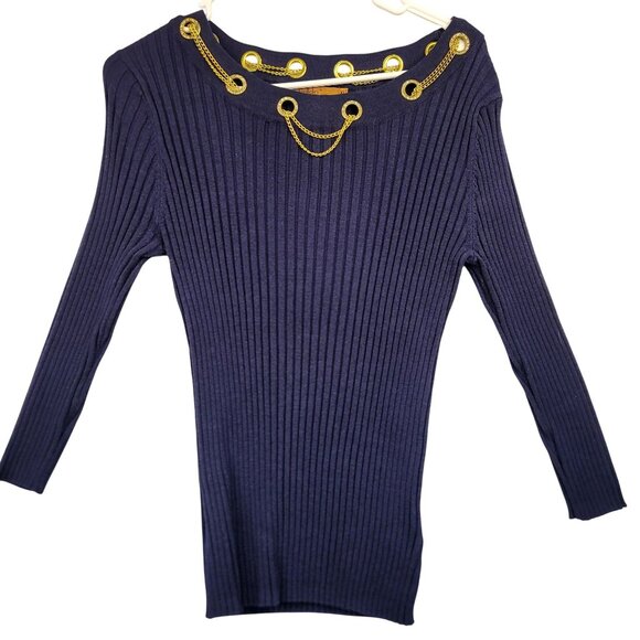 Belldini Ribbed Navy Sweater Gold Chain Rhinestone Detail XL Cotton Viscose - Picture 1 of 10